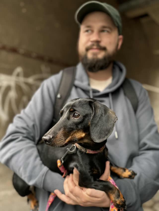 Petsitter Petsy trzyma na rękach jamnika podczas opieki